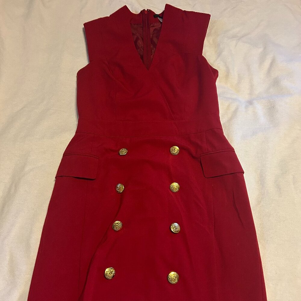 Red work dress with gold tone buttons